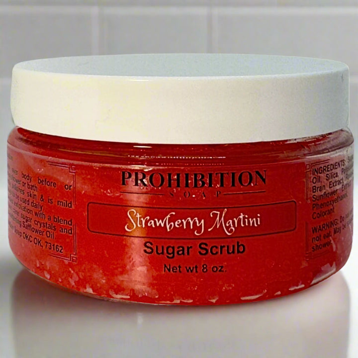 Strawberry Martini Sugar Scrub On Counter - prohibitionsoap.com