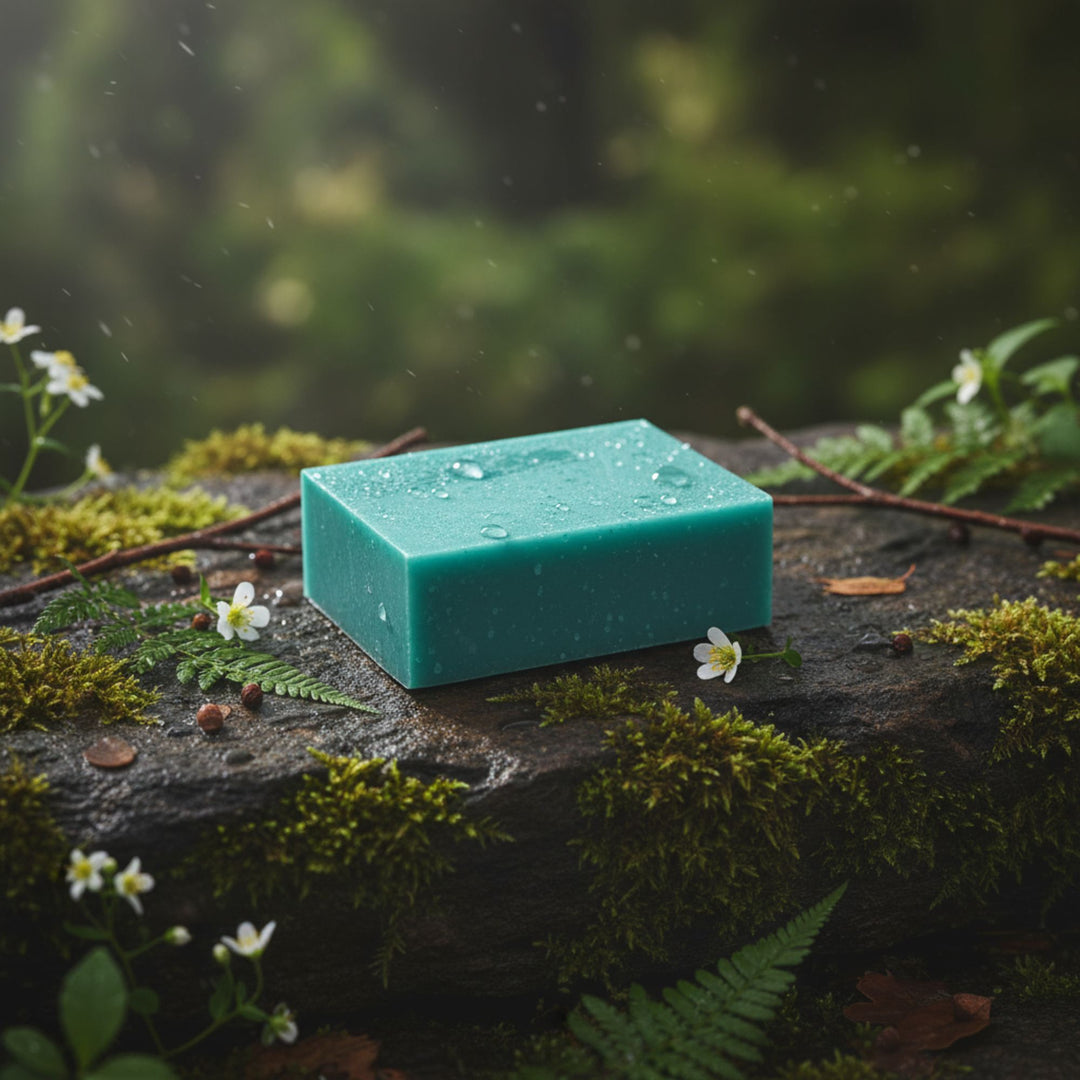 Teal bar of soap on a stone surface with greenery and flowers