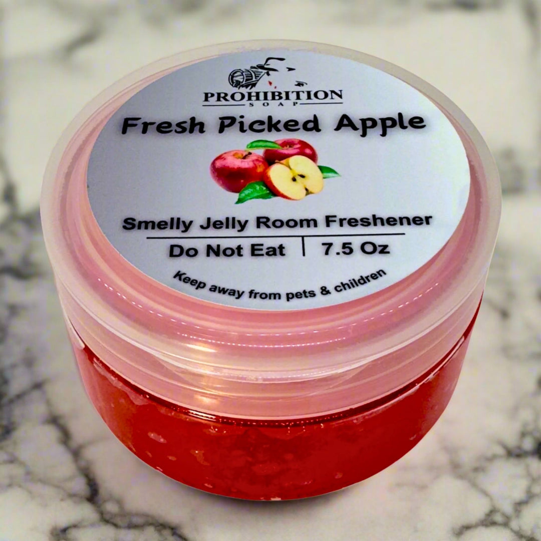 Fresh Picked Apple Smelly Jelly Room Freshner on sink  - prohibitionsoap.com