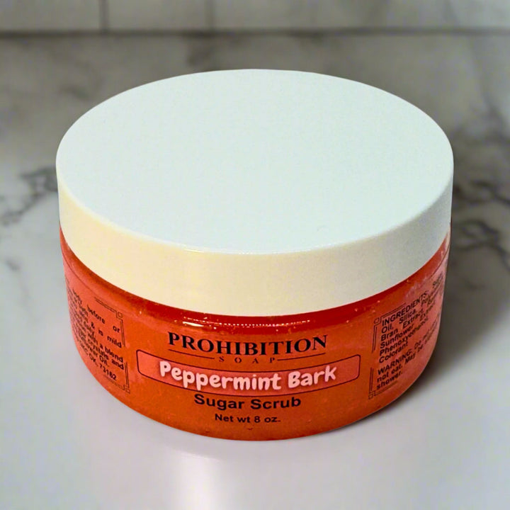 Peppermint Bark Sugar Scrub On Counter - prohibitionsoap.com