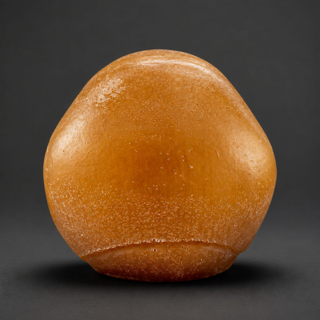 A back-of-skull soap with a matte, slightly textured surface, photographed against a dark gray studio background.