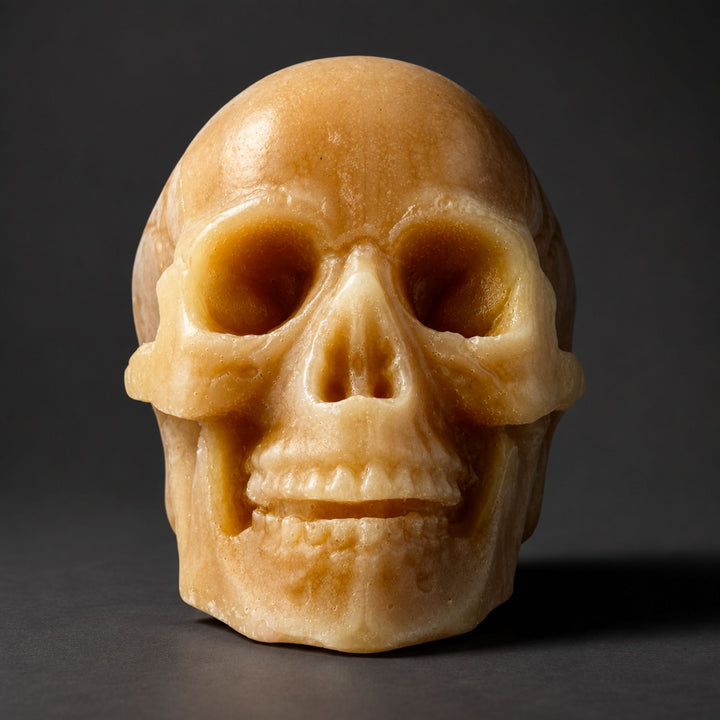 A skull soap photographed against a dark gray studio background.