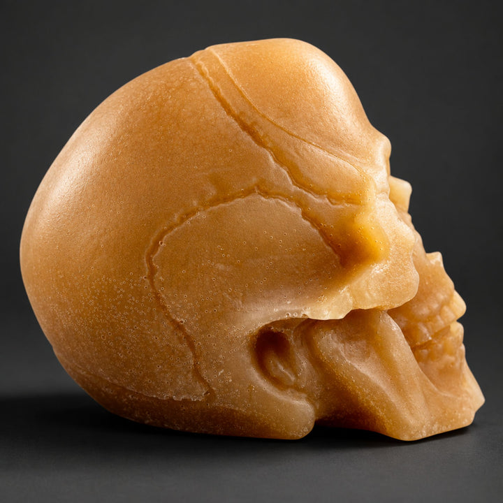 A realistic skull-shaped soap in a warm tan or caramel color, shown against a plain white background.