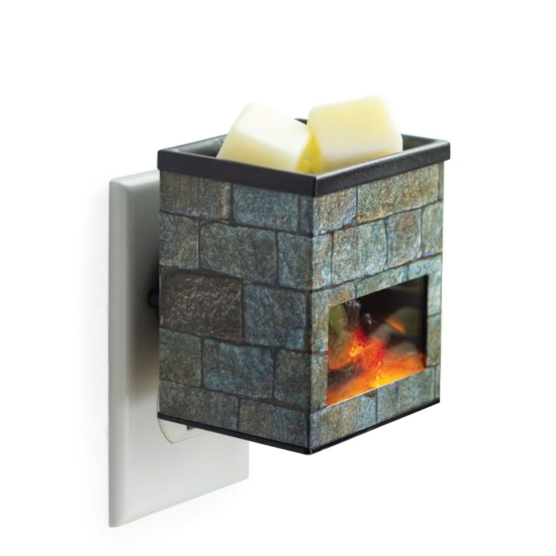 Wall-mounted electric fireplace fragrance warmer with stone design and glowing interior on a white background