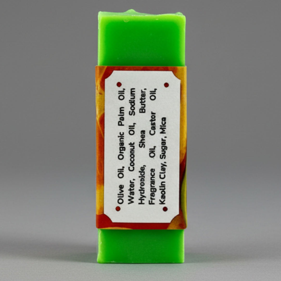 Green bar of soap with a label on a gray background
