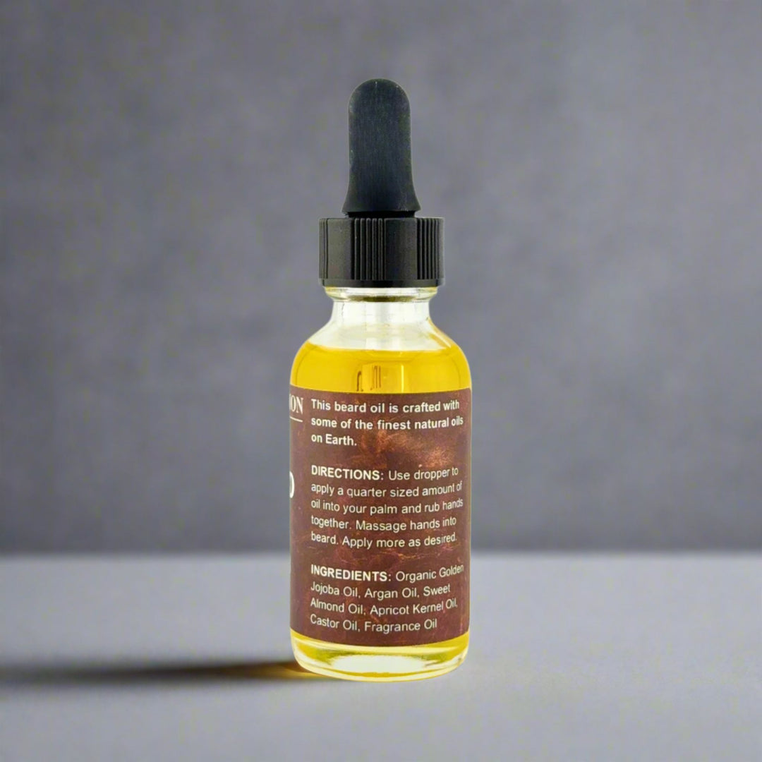 Bottle of beard oil with dropper on a gray background