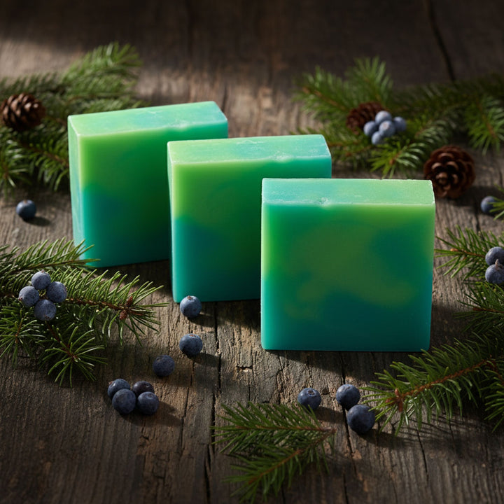Three green soap bars on a wooden surface with pine branches and berries.