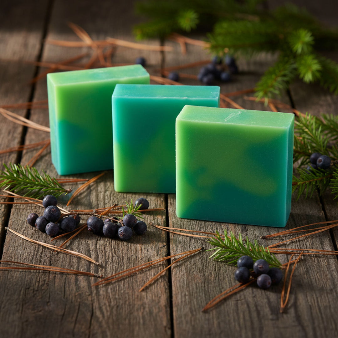 Three green soap bars on a wooden surface with pine needles and berries.