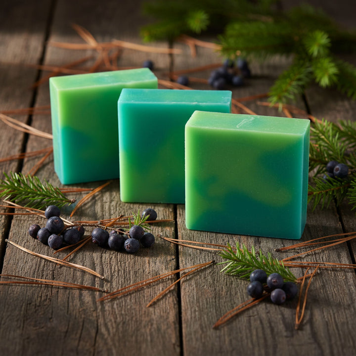 Three green soap bars on a wooden surface with pine needles and berries.
