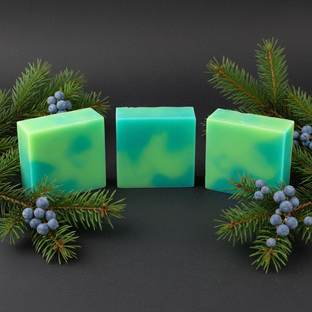 Three green soap bars with a dark background and greenery