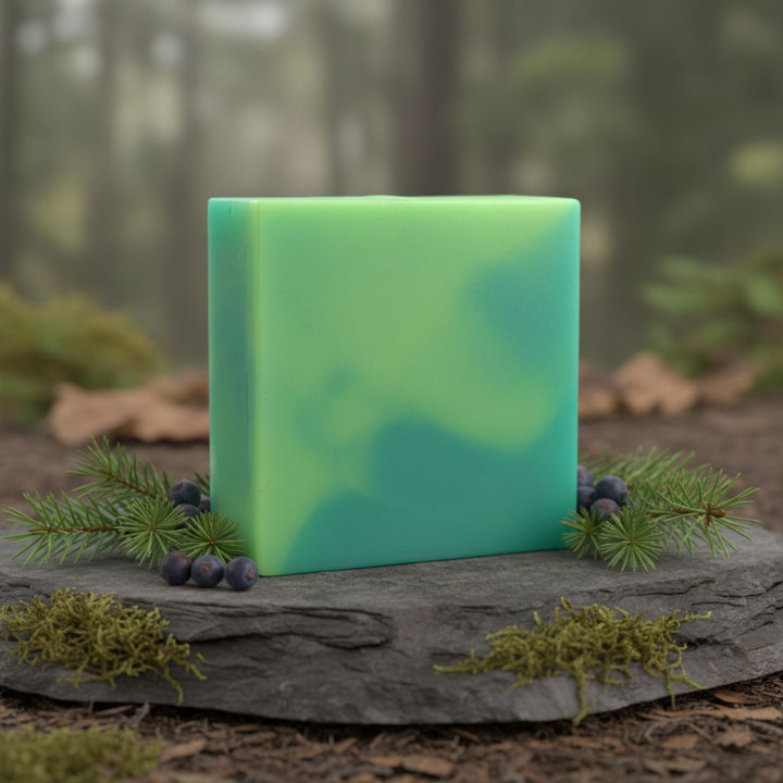 Green and blue soap bar on a stone surface with greenery in the background
