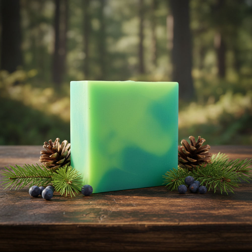 Green soap bar with pine cones and berries on a wooden surface with a forest background