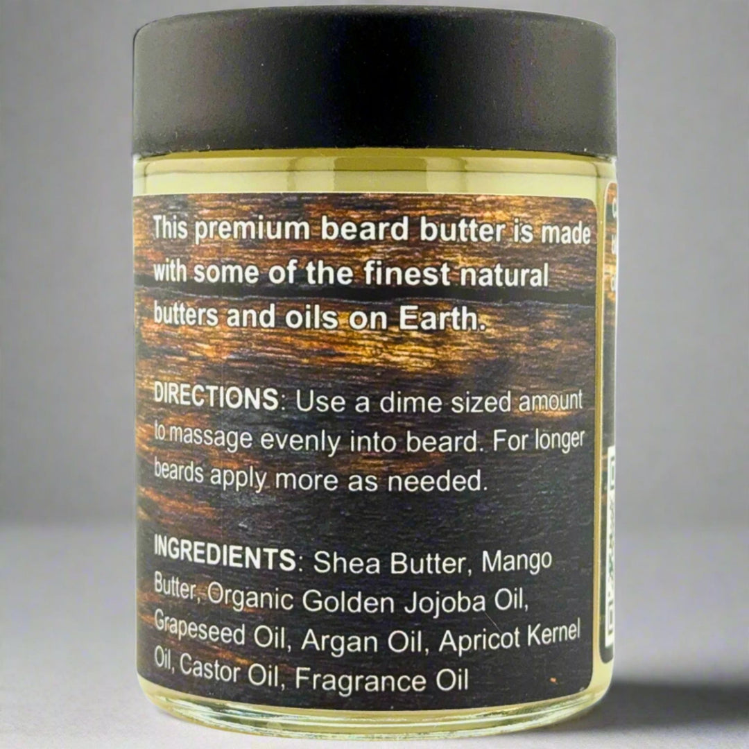 Prohibition Soap Beard Butter in Kentucky Bourbon scent - back label showing premium quality statement about finest natural butters and oils on Earth, complete directions for dime-sized application, and full ingredients list including Shea Butter, Mango Butter, Organic Golden Jojoba Oil, Grapeseed Oil, Argan Oil, Apricot Kernel Oil, Castor Oil, and Fragrance Oil