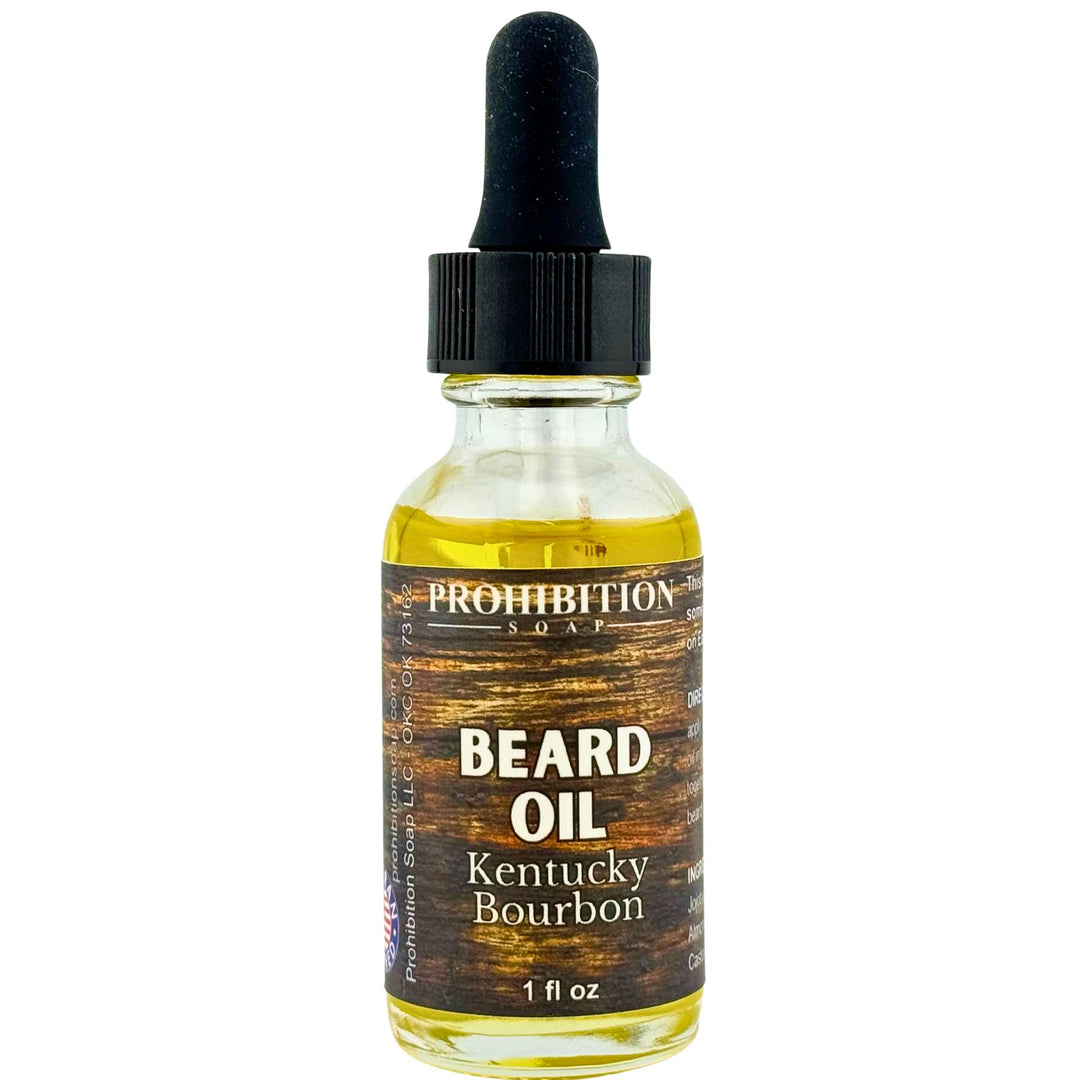 Dropper bottle of Prohibition Beard Oil Kentucky Bourbon on a white background