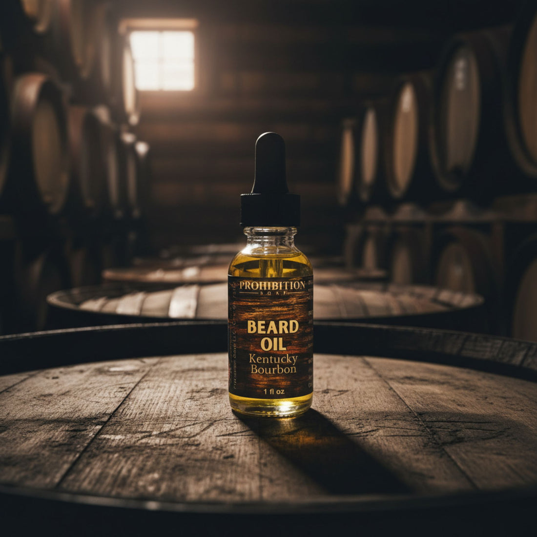 Bottle of 'Prohibition Beard Oil' on a wooden barrel with barrels in the background