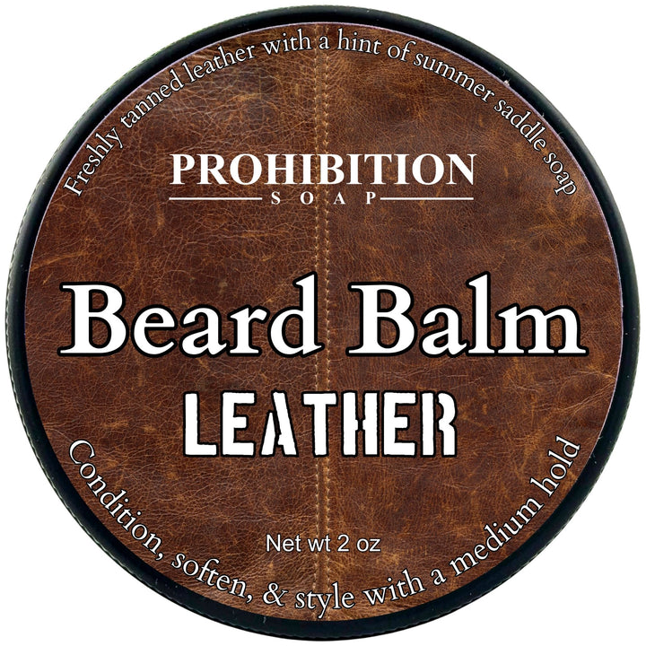 Prohibition Soap Beard Balm Leather container with brown leather texture and branding.