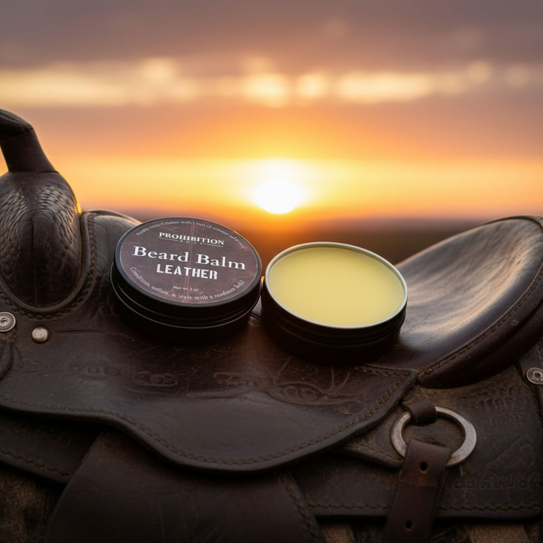 Two containers of 'Prohibition' beard balm on a leather saddle with a sunset background.