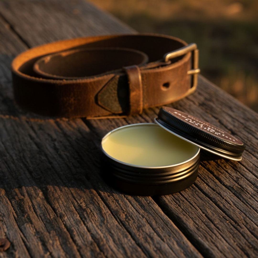 Brown leather belt and open container of beard balm on a wooden surface