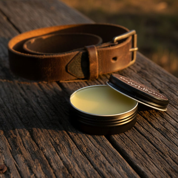 Brown leather belt and open container of beard balm on a wooden surface