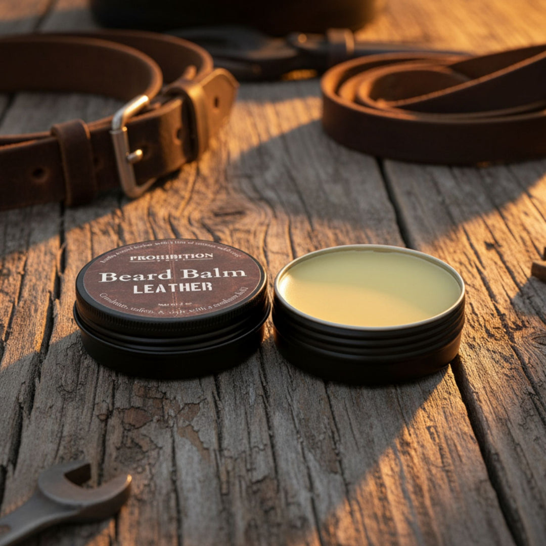 Beard balm and leather care products on a wooden surface with a belt and tool wrench.