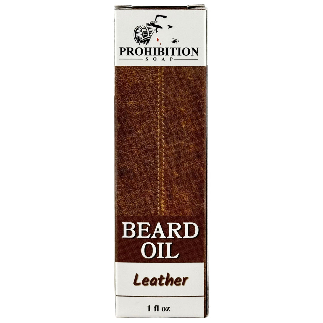 Box of Prohibition Soap Leather Beard Oil on a white background