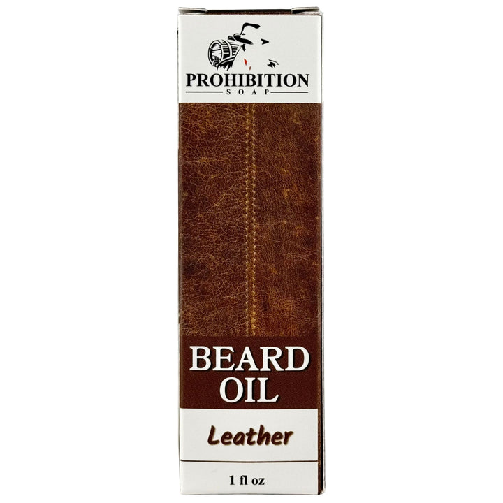 Box of Prohibition Soap Leather Beard Oil on a white background