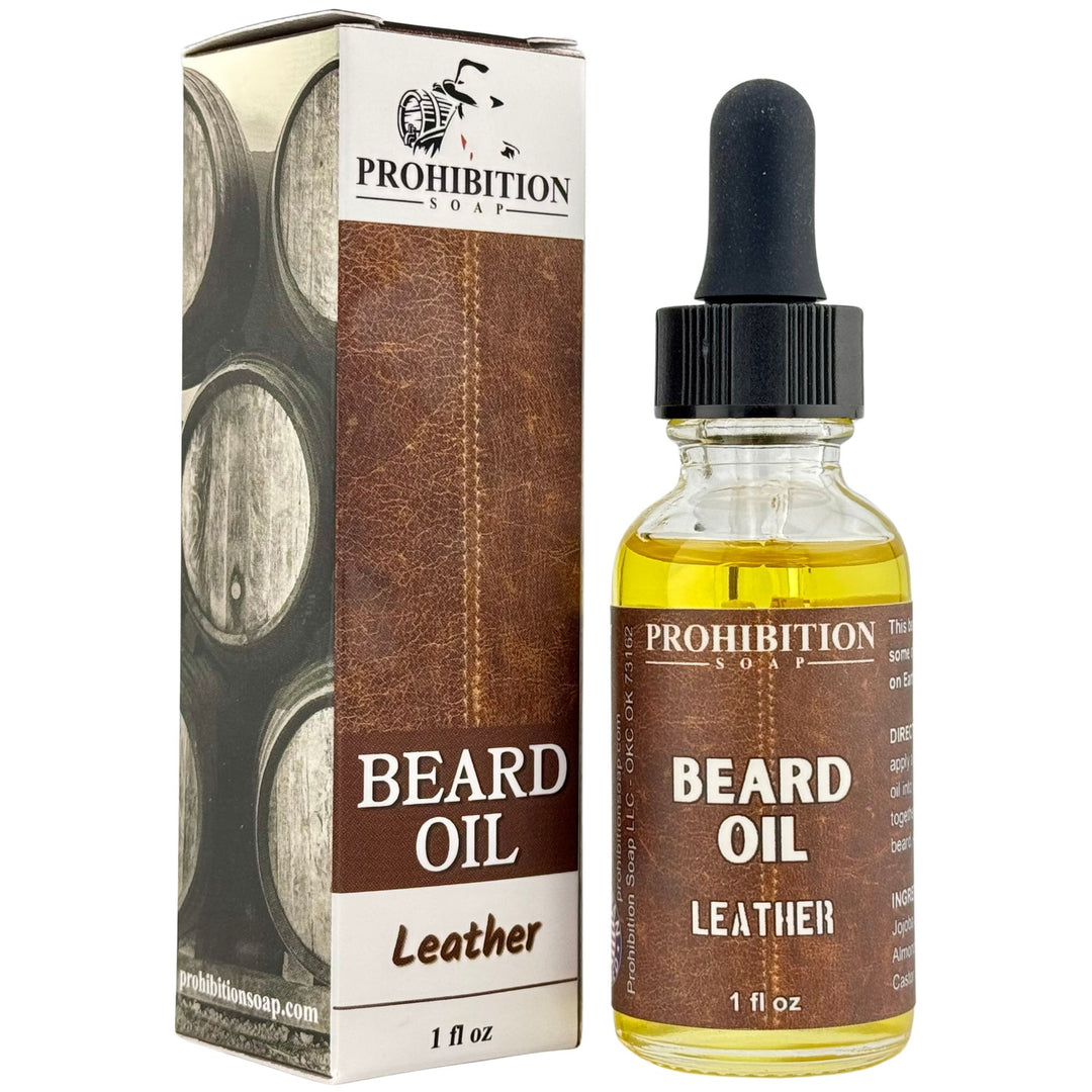 Prohibition Soap beard oil packaging with bottle and box on a white background