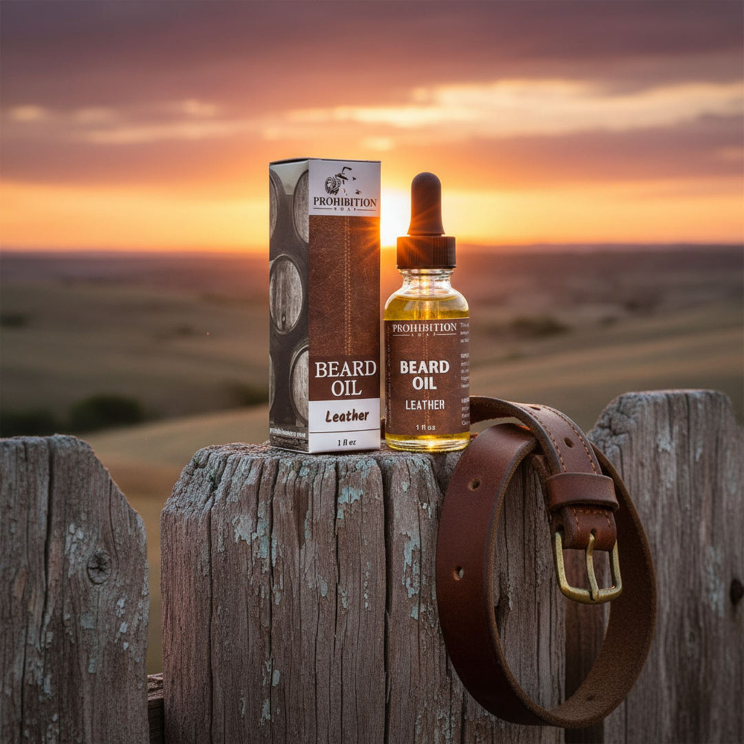 Beard oil bottle and packaging on a wooden post with a sunset background