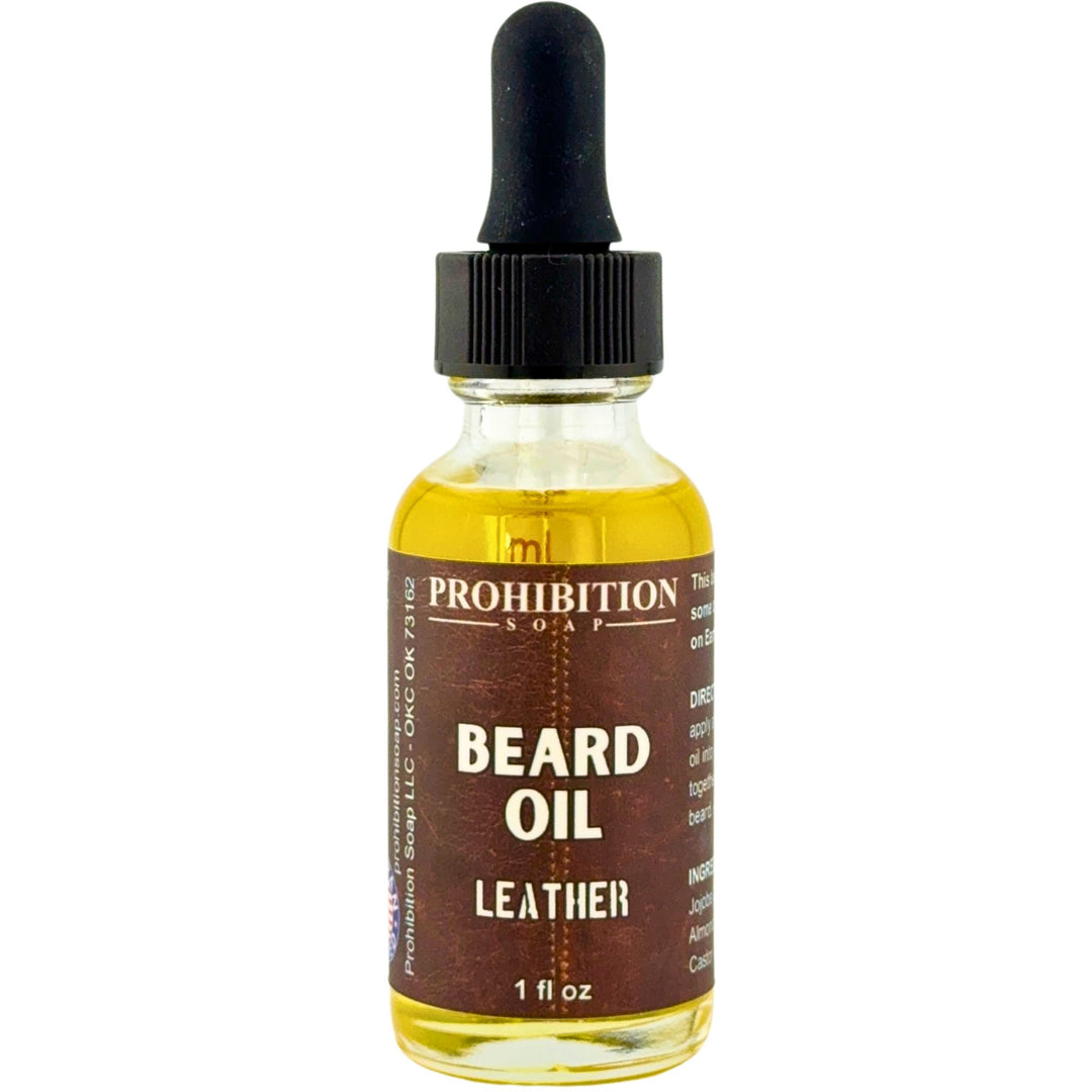 Bottle of Prohibition Soap Leather Beard Oil with dropper on a white background