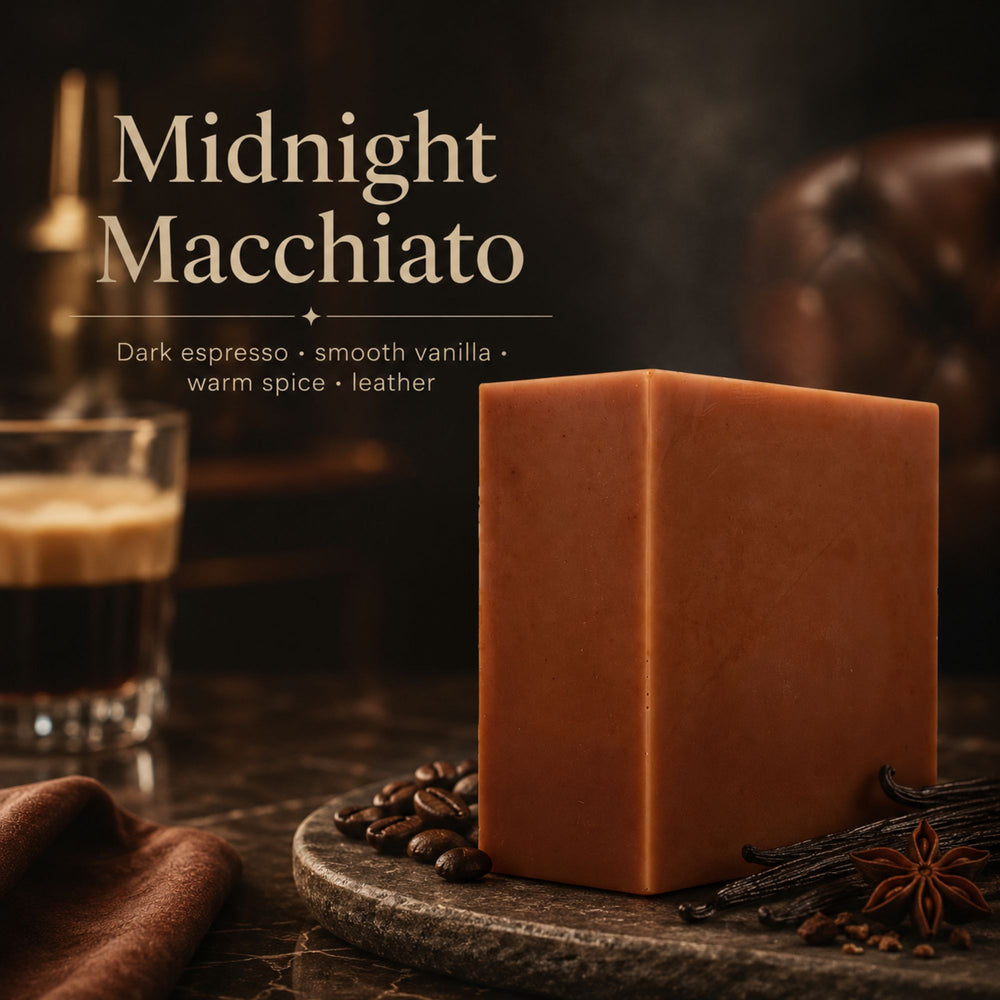 Bar of soap with coffee beans and a glass of coffee on a dark background, labeled 'Midnight Macchiato'.