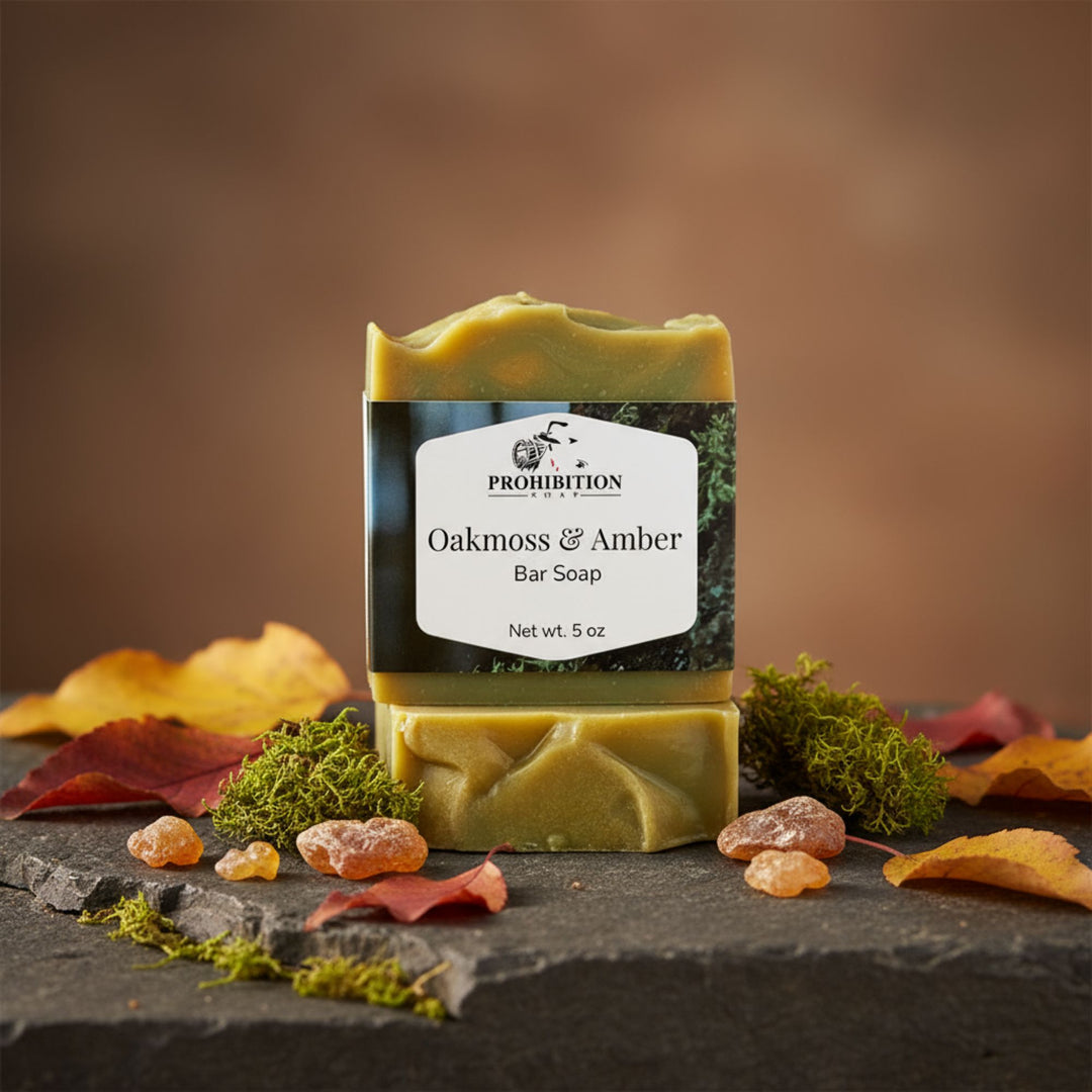 Bar of soap with 'Prohibition' label on a stone surface with autumn leaves and moss.