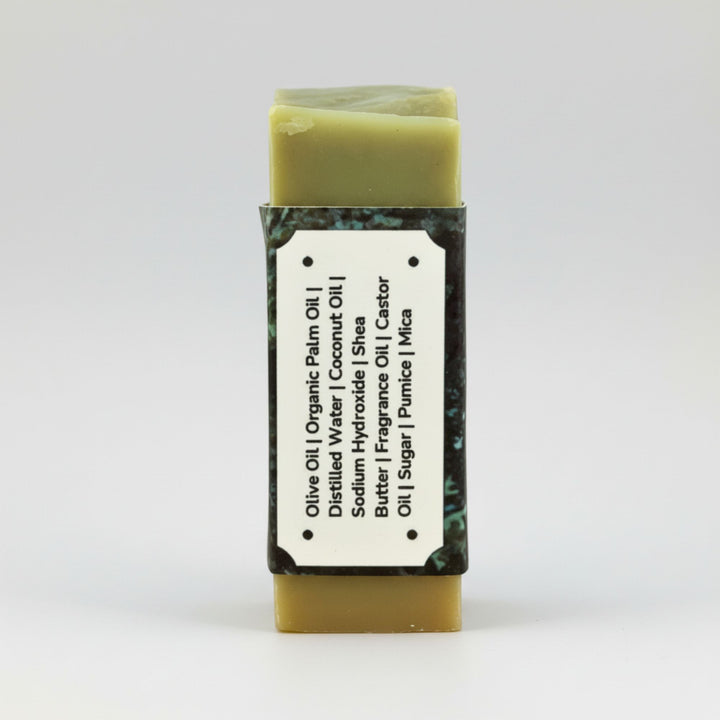 Bar of soap with a label on a white background