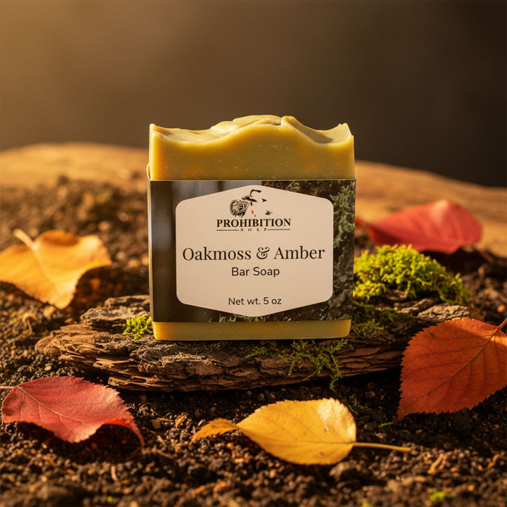 Bar of soap with 'Prohibition' branding on a natural background with leaves