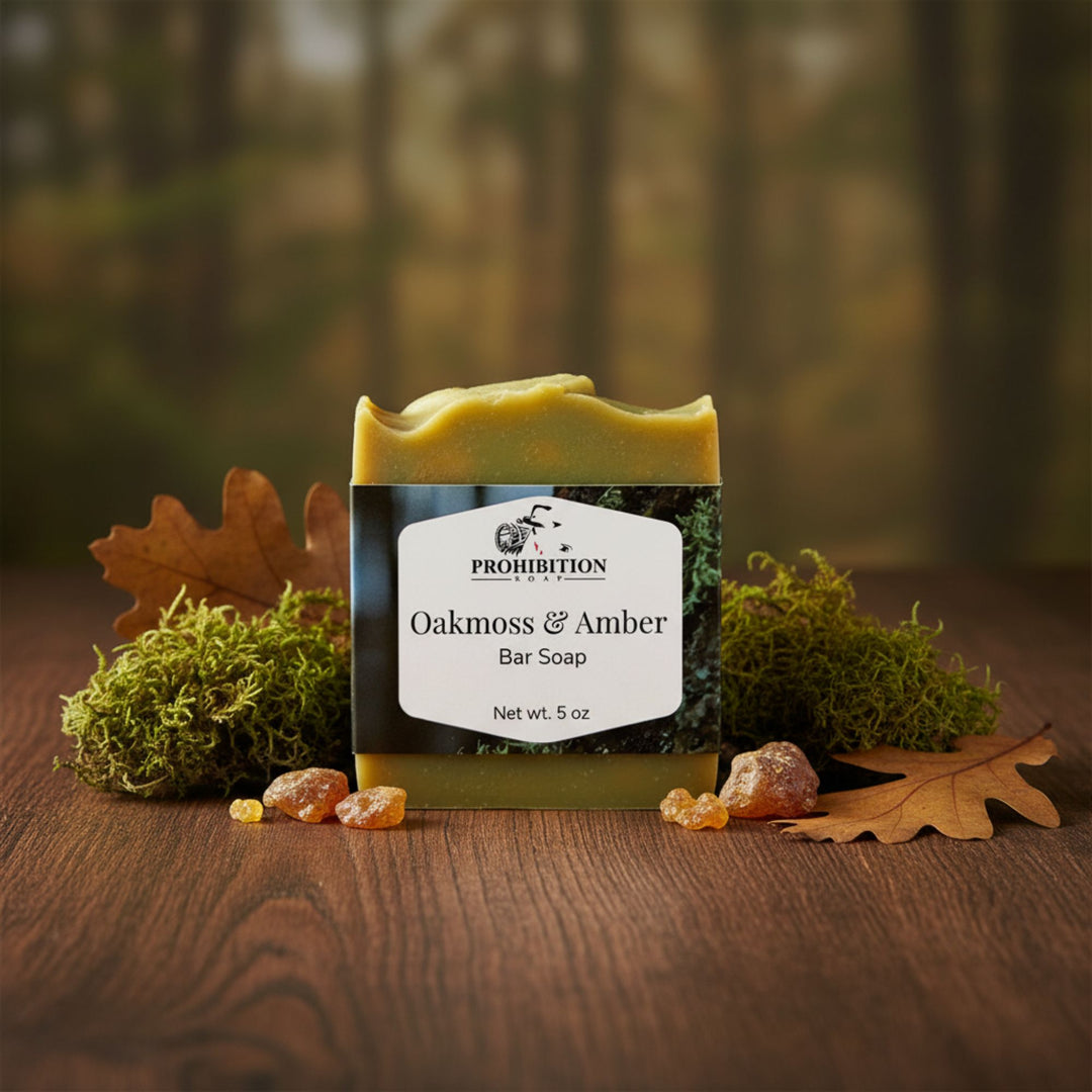 Bar of soap with 'Prohibition Art' label on a wooden surface with natural elements