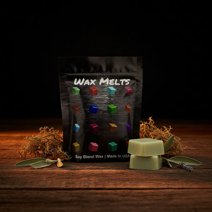 Wax melts packaging with wax melts on a wooden surface