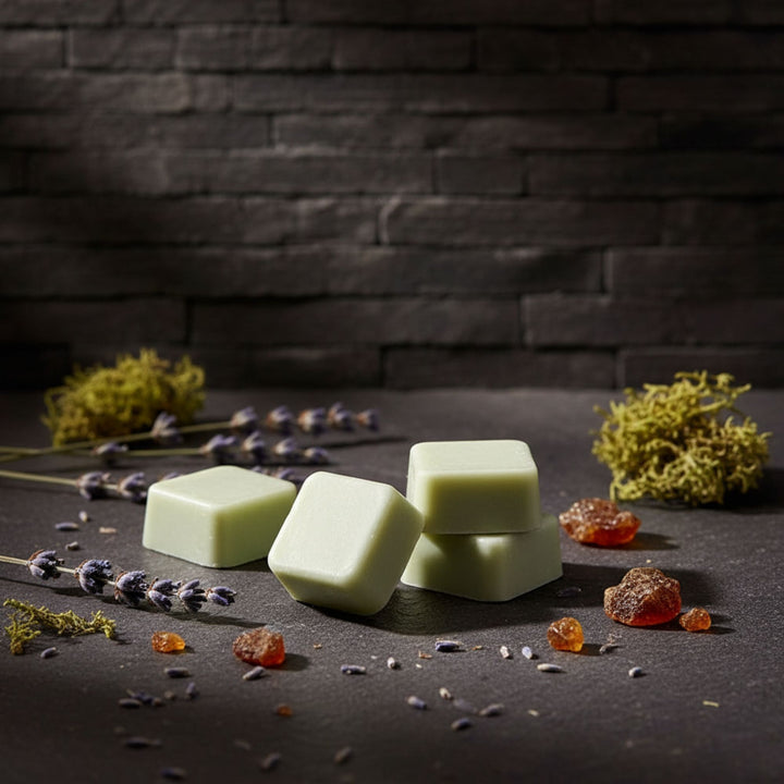 Green wax melts on a dark surface with lavender and amber elements against a stone wall background