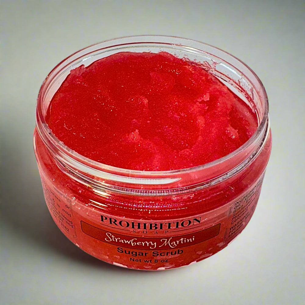 Strawberry Martini Sugar Scrub Open On Counter - prohibitionsoap.com