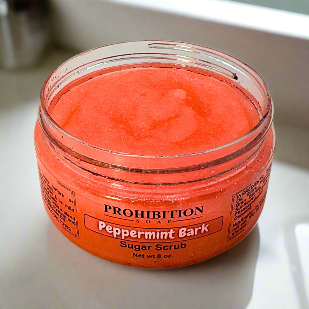 Peppermint Bark Sugar Scrub Open On Counter - prohibitionsoap.com