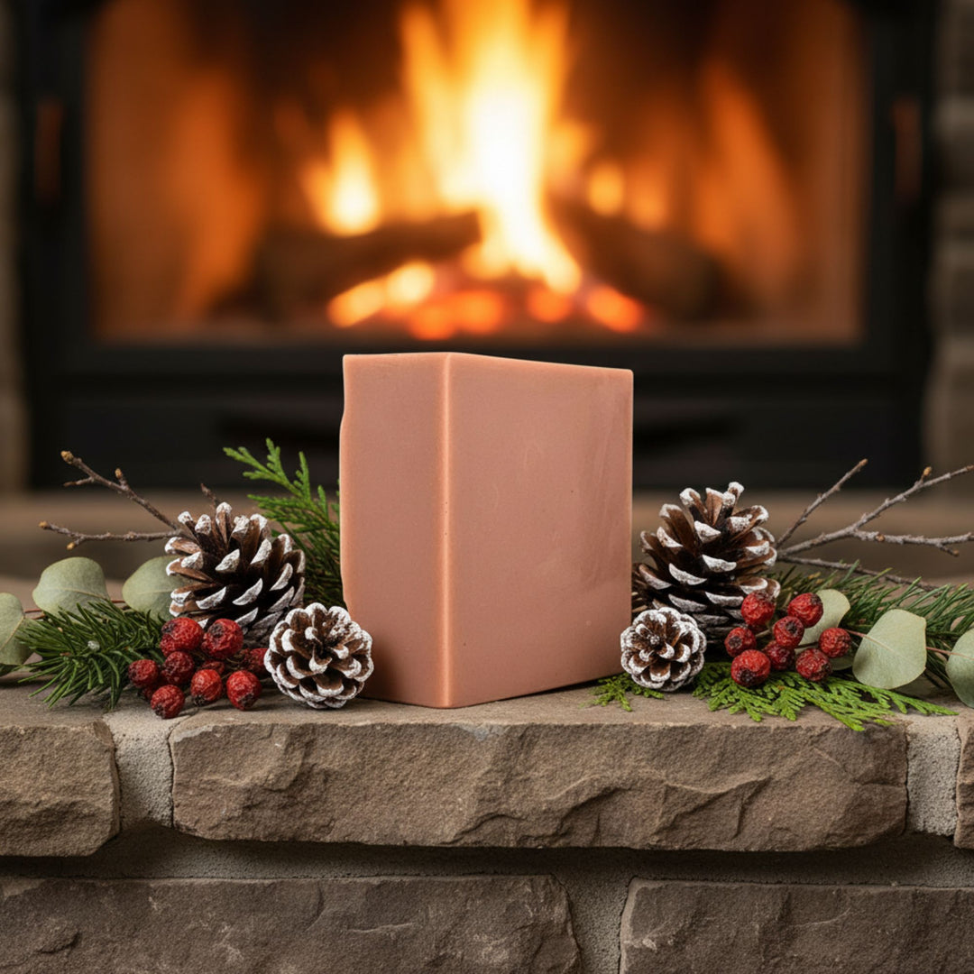 Soap in a decorative container on a stone fireplace mantle with pinecones and greenery, fireplace in the background.