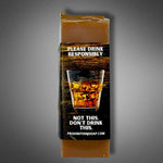 Side label of Kentucky Bourbon soap with a humorous "Please Drink Responsibly — Not This, Don't Drink This" message and a bourbon rocks glass graphic