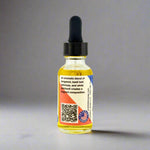 Bottle of liquid with a dropper on a gray background