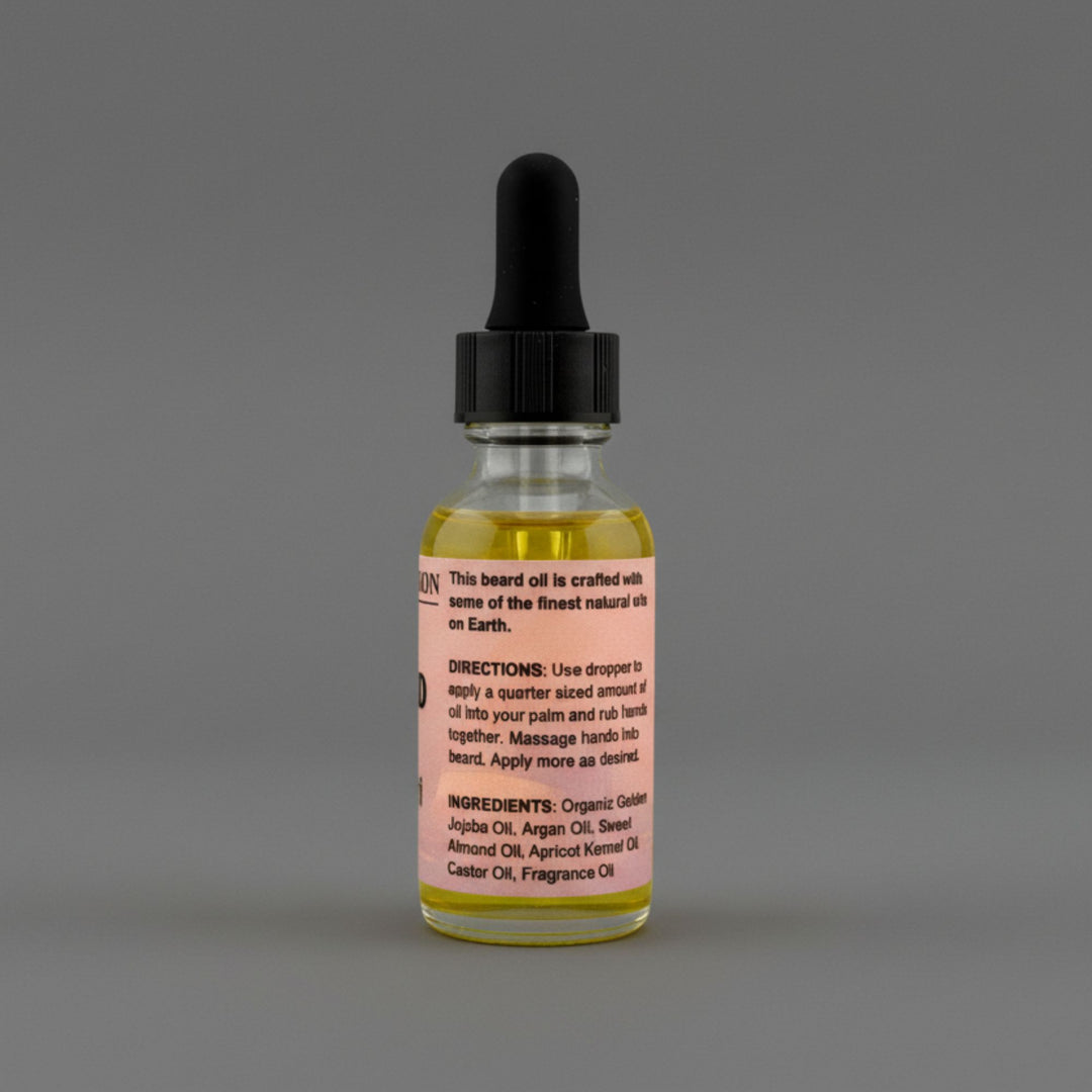 Bottle of beard oil with a dropper on a gray background