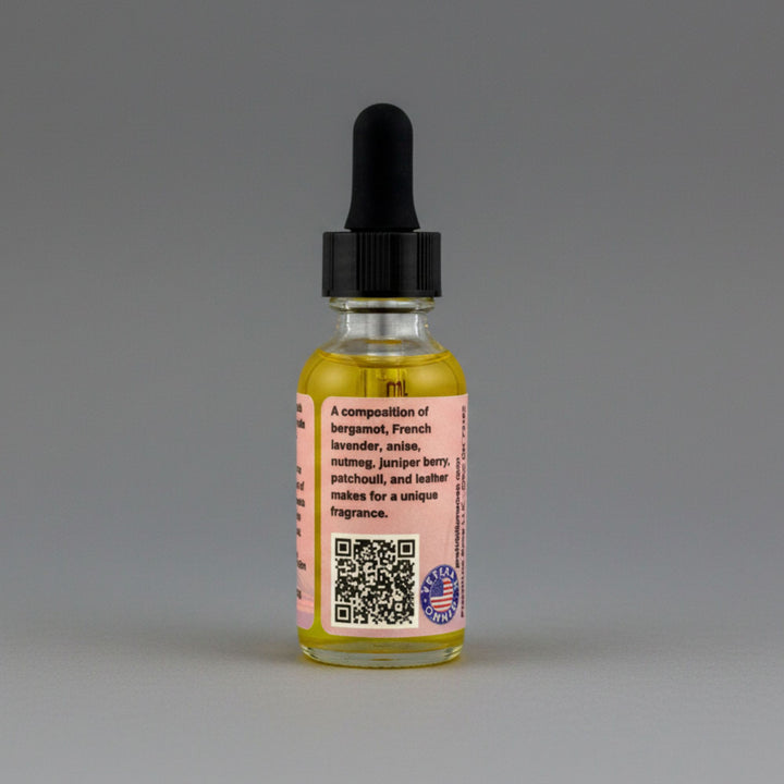 Bottle of beard oil with a vintage label on a gray background
