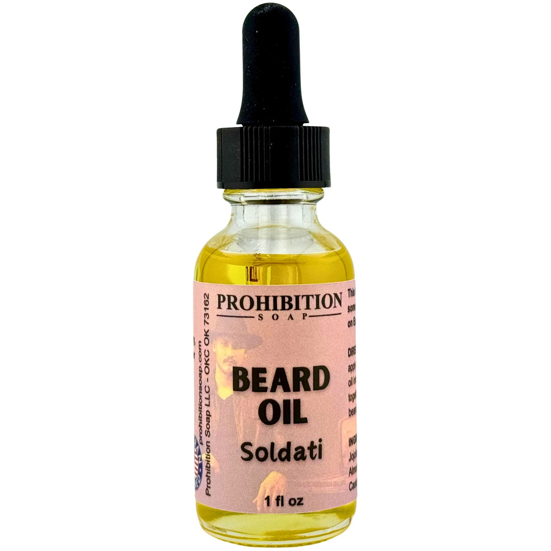 Bottle of Prohibition Soap beard oil with a vintage label on a white background