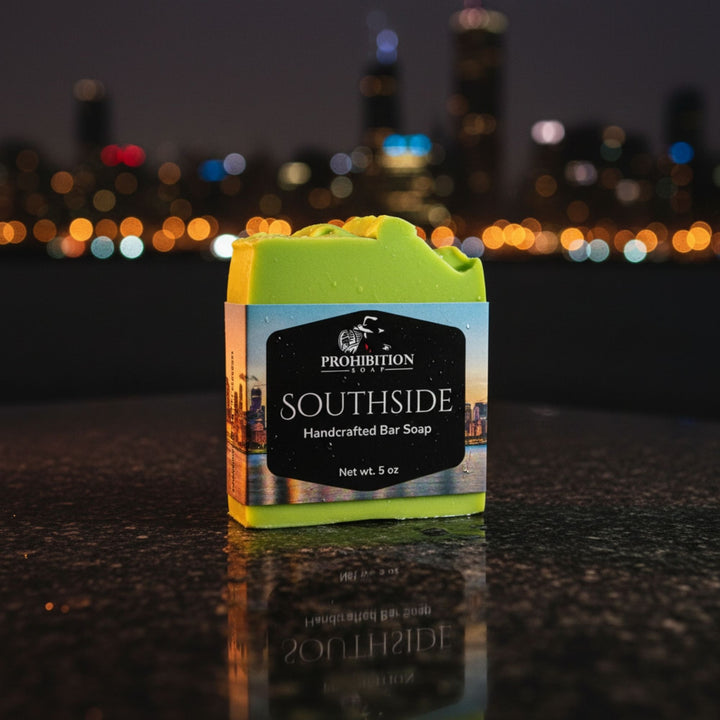A single bar of handmade soap labeled &