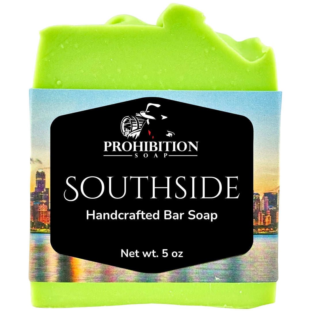 A 5 oz bar of green soap wrapped in a paper label that reads 'PROHIBITION SOAP SOUTHSIDE Handcrafted Bar Soap' on a white background.