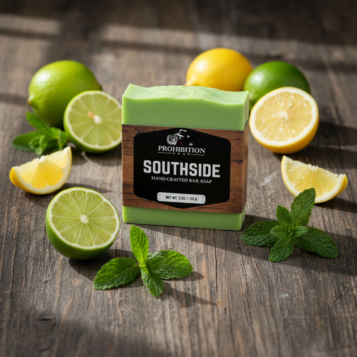 Southside handcrafted bar soap with lemons and limes on a wooden surface