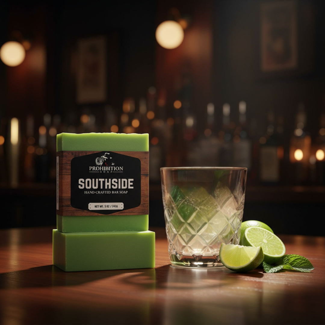 Bar of soap labeled 'Southside' with a glass of cocktail and lime slices on a bar counter.
