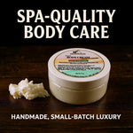 Prohibition Soap Daily Body Cream with cream dollop on rustic wooden surface with 'Spa-Quality Body Care' and 'Handmade, Small-Batch Luxury' text, showcasing premium natural yogurt-based formula with Citrus and Sage scent