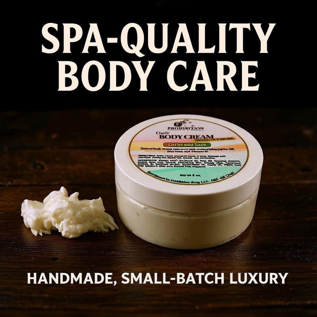 Prohibition Soap Daily Body Cream with cream dollop on rustic wooden surface with 'Spa-Quality Body Care' and 'Handmade, Small-Batch Luxury' text, showcasing premium natural yogurt-based formula with Citrus and Sage scent